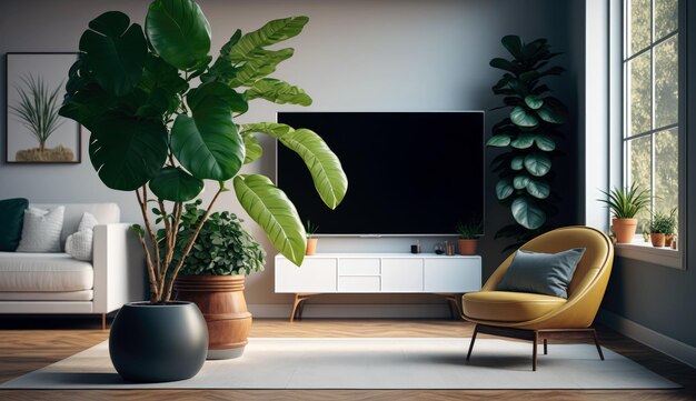 Salon minimal avec canapé intérieur et décoration de plantes tropicales nature verte AI générative