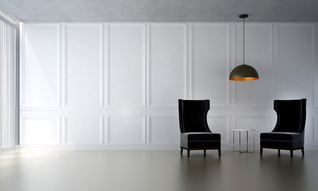 Le salon minimal et la décoration de meubles simulés et le fond de mur blanc vide