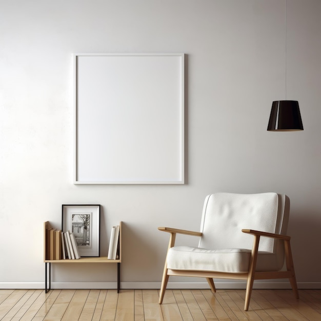 Salon minimaliste avec cadre blanc et chaise