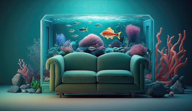 Salon minimaliste avec canapé intérieur et aquarium ou aquarium sous la mer AI générative