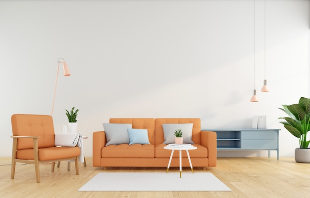Salon minimaliste avec canapé orange sur le mur blanc et rendu 3d du fauteuil orange