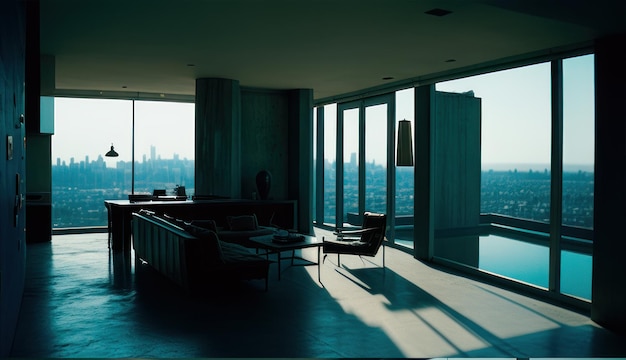 Salon minimaliste avec concept de design d'intérieur épuré avec lumière du jour