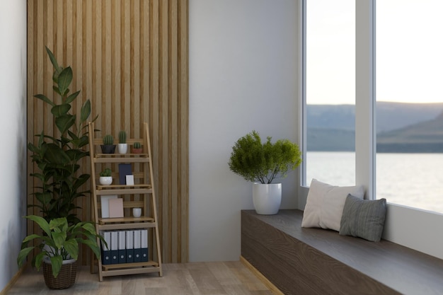 Salon minimaliste et confortable avec coin salon contre la fenêtre