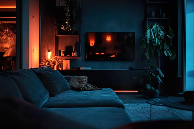 Salon minimaliste confortable avec un éclairage chaud pendant la lueur du coucher de soleil