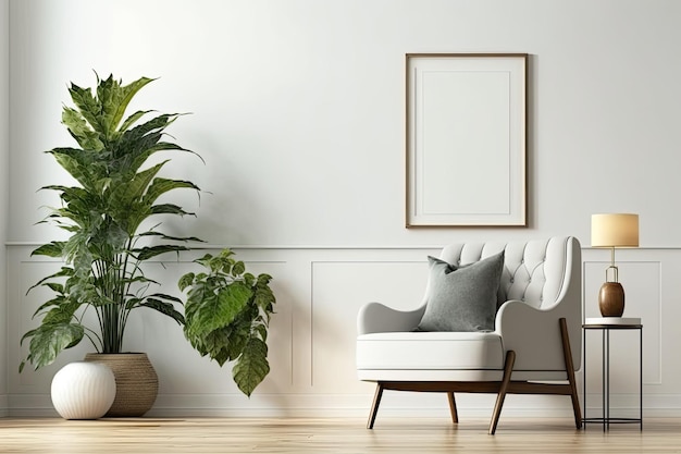 Salon minimaliste avec fauteuil sur mur blanc et parquet