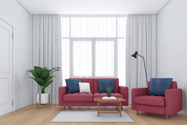 Salon minimaliste avec fenêtres et rideaux blancs Canapé et fauteuil rendu 3d