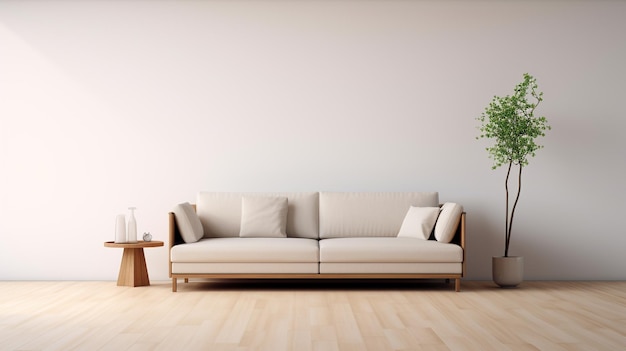Salon minimaliste avec fond de paysage canapé gris