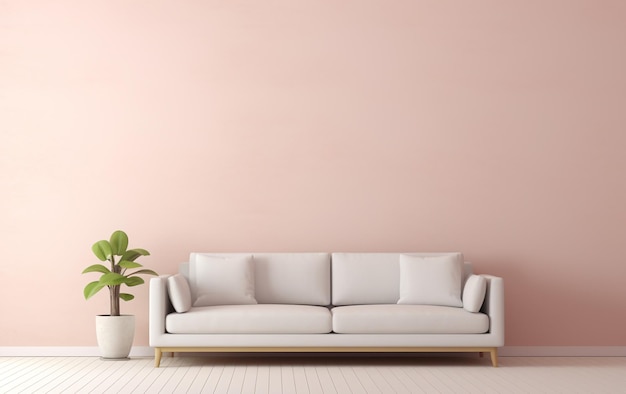 Salon minimaliste avec fond de paysage canapé rose