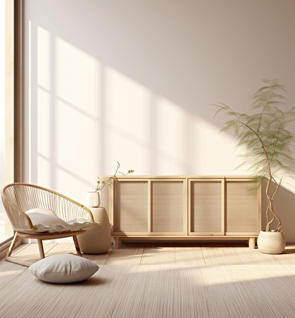 Un salon minimaliste avec une grande fenêtre un placard en bois une chaise et une plante