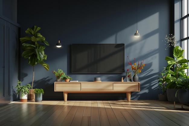 un salon minimaliste avec un mur bleu foncé et une console en bois