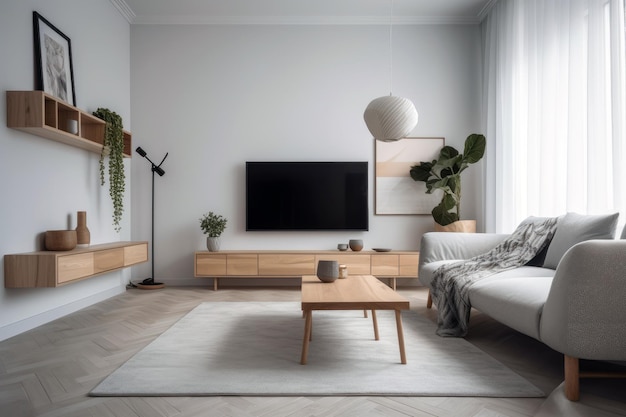 Salon minimaliste avec télévision sur mur blanc et canapé simple AI générative