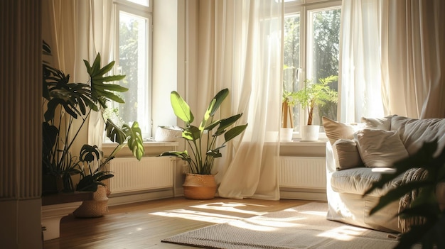 Un salon minimaliste tranquille éclairé par la lumière naturelle avec de grandes fenêtres doux neutre