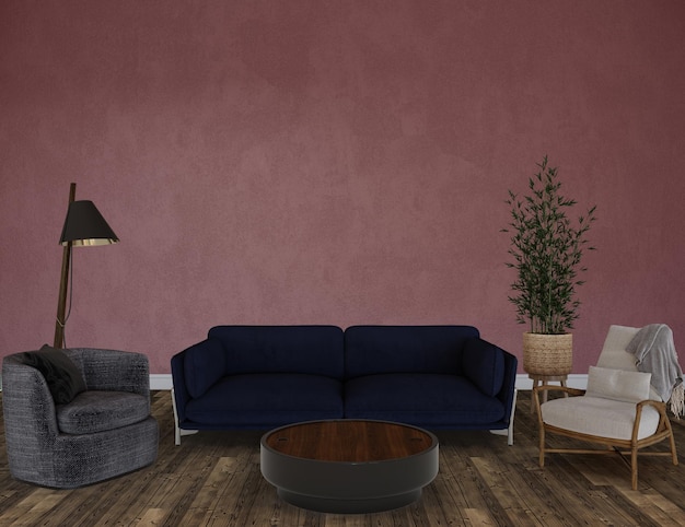 Salon avec mobilier avec maquette de mur rose