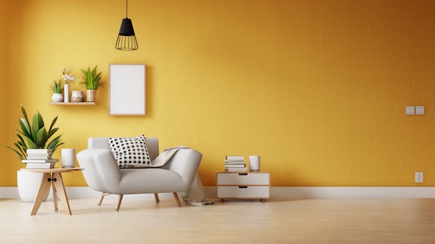 Salon moderne avec une affiche vide sur le mur