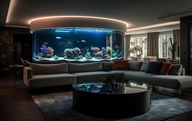 Salon moderne avec aquarium Generative AI