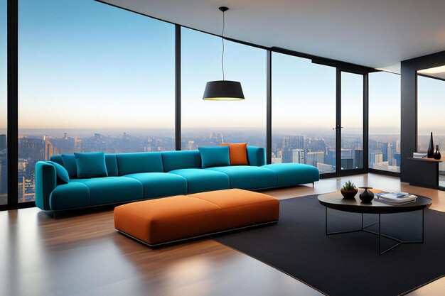 Salon moderne bleu ciel orange et noir mat design minimal 4K octane rendu HD