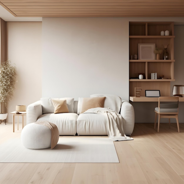 Salon moderne avec canapé blanc bureau à domicile dans un mur minimaliste Boho rendu 3d