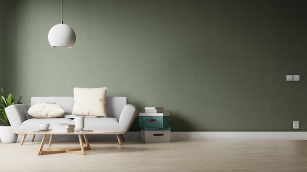 Salon moderne avec canapé blanc, meuble et étagères en bois sur parquet et mur blanc