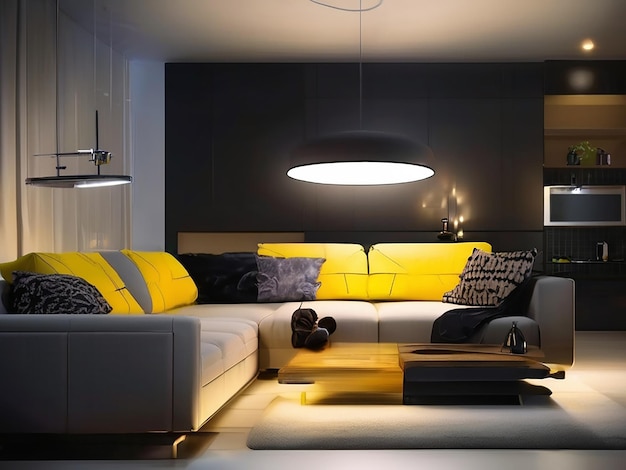 Salon moderne avec un canapé confortable éclairé par une lampe électrique