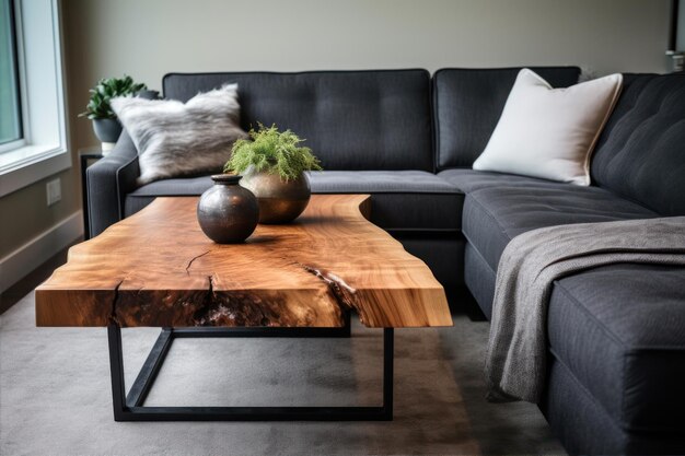 Salon moderne avec canapé noir, table à café et plante dans un vase