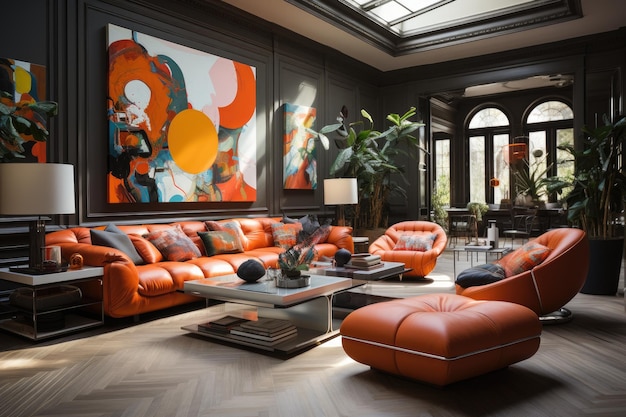 Salon moderne avec canapé orange
