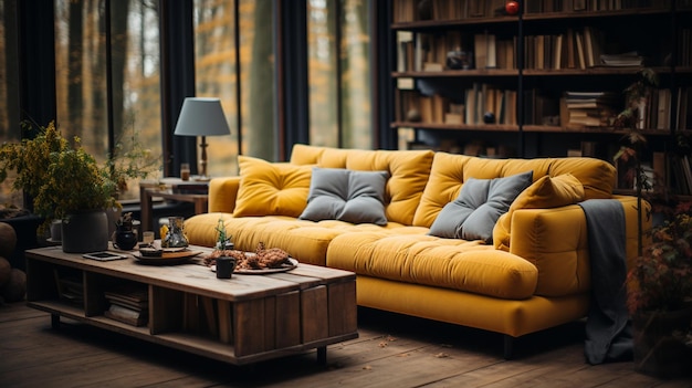 salon moderne avec canapé et oreillers
