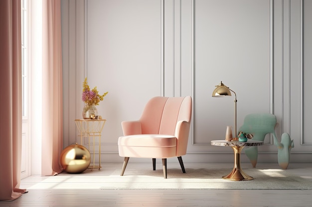 Salon moderne avec une chaise rose et une table dorée comme point central Generative AI