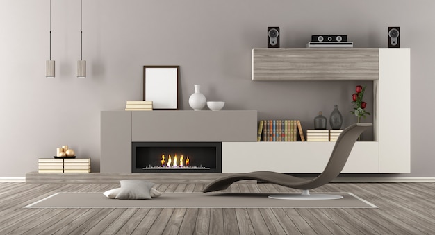Salon moderne avec cheminée et chaise longue