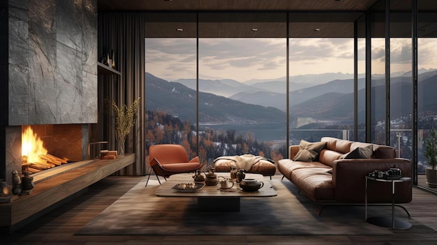 salon moderne avec cheminée dans le style des matériaux industriels