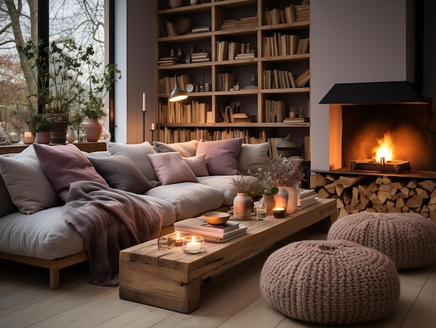 Un salon moderne et confortable avec des accents en bois, y compris une table à café rustique et une étagère