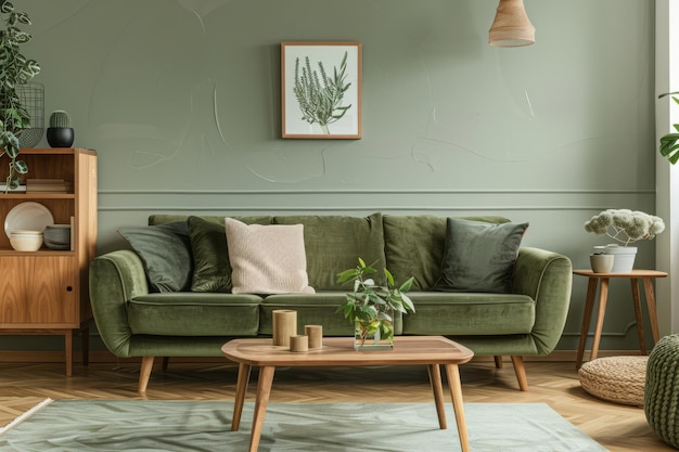 Salon moderne et confortable avec un canapé vert émeraude et des meubles en bois IA générative