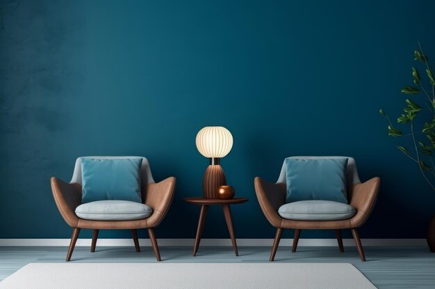 Salon moderne et confortable avec deux chaises et une petite table sur un fond bleu foncé Illustration générative d'IA