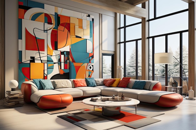 un salon moderne et confortable avec des meubles et une grande peinture abstraite sur le mur générer Ai