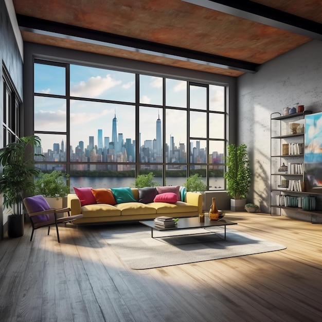 Un salon moderne dans une fenêtre panoramique loft avec skyline en arrière-plan