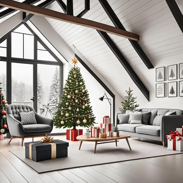 Salon moderne décoré avec des cadeaux d'arbres de Noël et des boîtes de cadeaux de Noël sous l'arbre