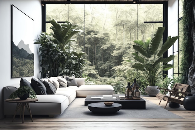 Salon moderne Design luxe intérieur élégant grand canapé plantes vertes abstraite générative AI Illustration