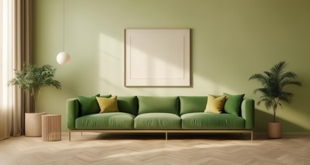 Salon moderne avec un design minimaliste et des accents verts vibrants