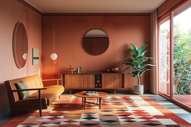 Salon moderne du milieu du siècle avec des meubles emblématiques