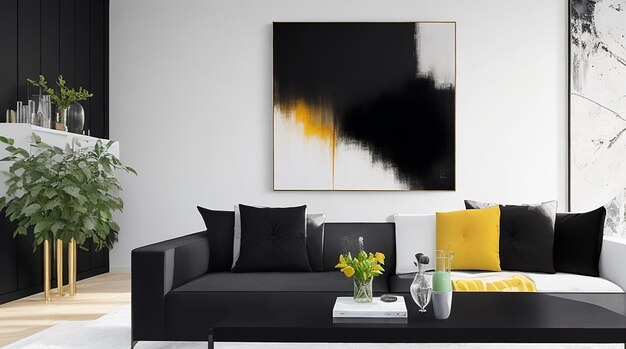 Un salon moderne avec un élégant canapé noir, une table basse en verre et un tableau abstrait lumineux