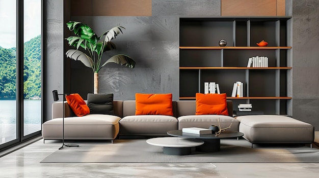 Salon moderne élégant Sofa confortable et décor de plantes vertes Intérieur confortable et à la mode