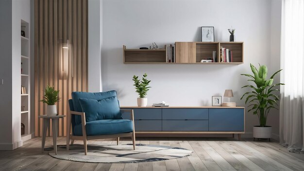 Salon moderne avec fauteuil bleu a des armoires et des étagères en bois sur plancher en bois et mur blanc