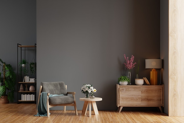 Salon moderne avec fauteuil, table, fleur et plante sur mur noir