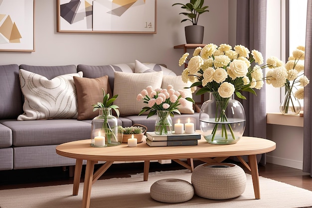 Salon moderne avec fleurs artificielles dans un vase et objets de décoration sur table lumineuse en bois