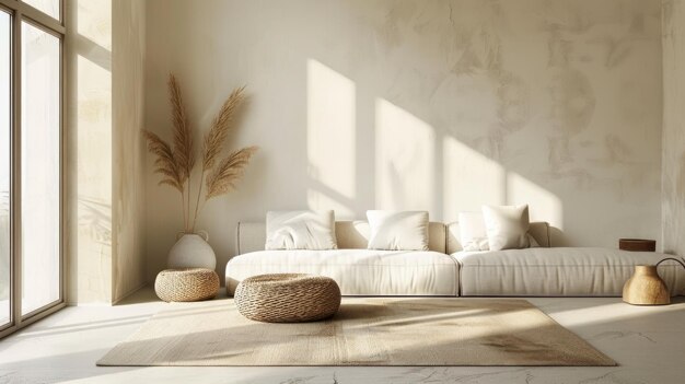 Un salon moderne avec un grand canapé blanc