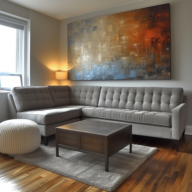 Photo un salon moderne avec un grand canapé sectional gris un ottoman blanc une table à café et une peinture colorée sur le mur