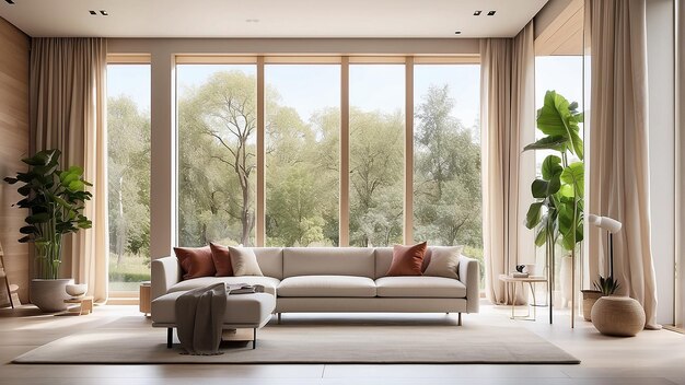 Un salon moderne avec une grande fenêtre donnant sur un paysage de montagne
