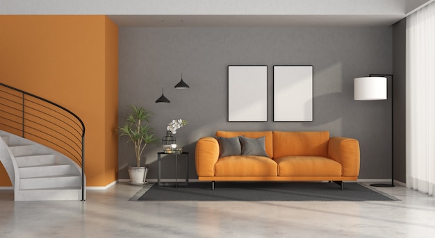Salon moderne gris et orange avec escalier