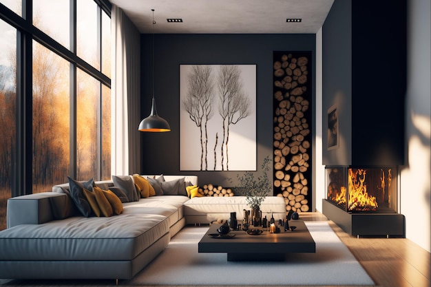 Salon moderne intérieur avec cheminée