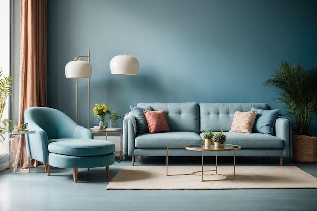 Salon moderne et lumineux sans personne avec des meubles bleus et des murs joliment décorés