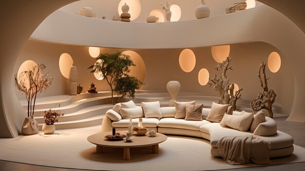 Salon moderne de luxe au crépuscule avec vue sur la nature